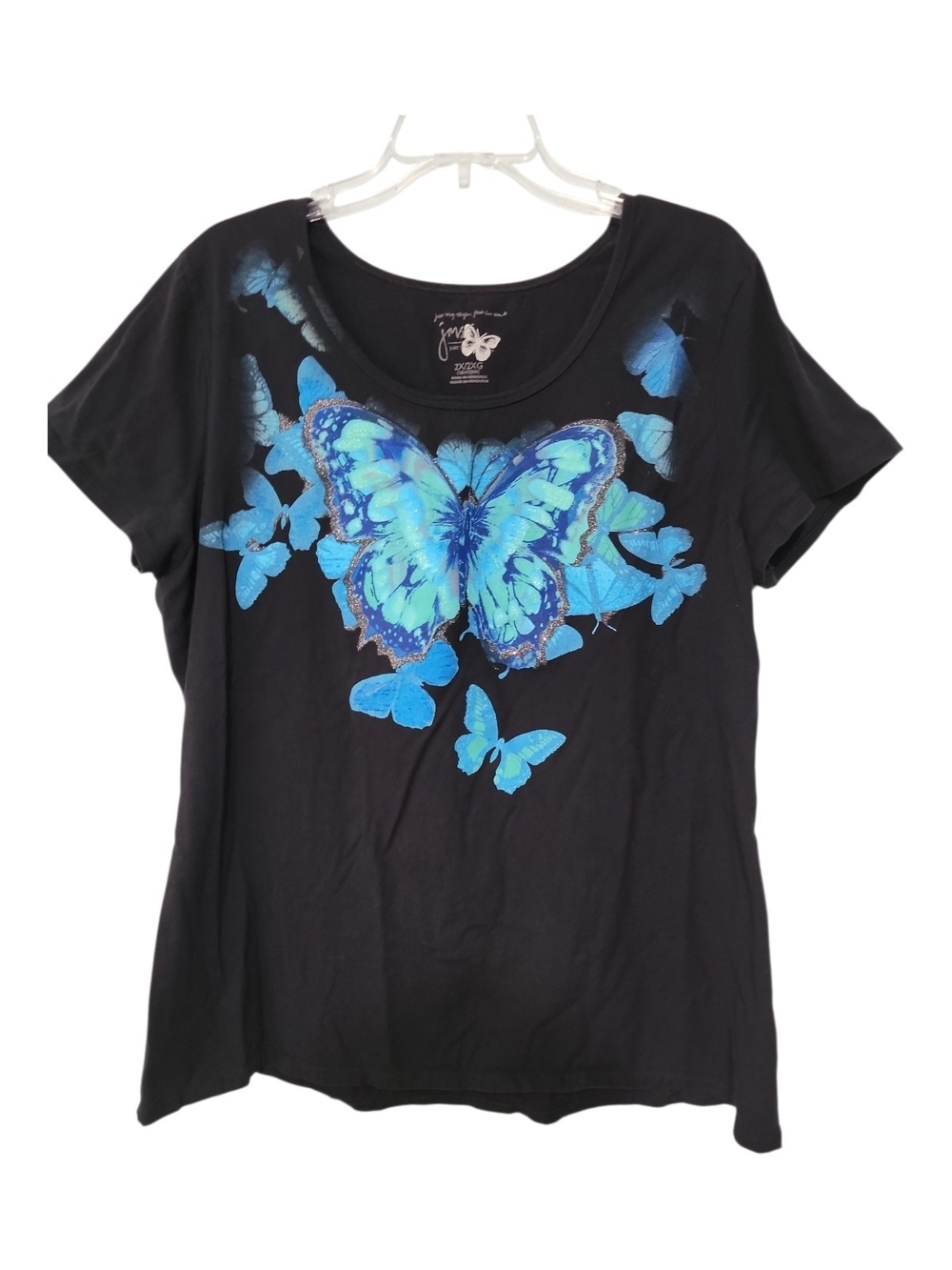 Just My Size Black Short-Sleeve Tee with Blue Butterfly Print